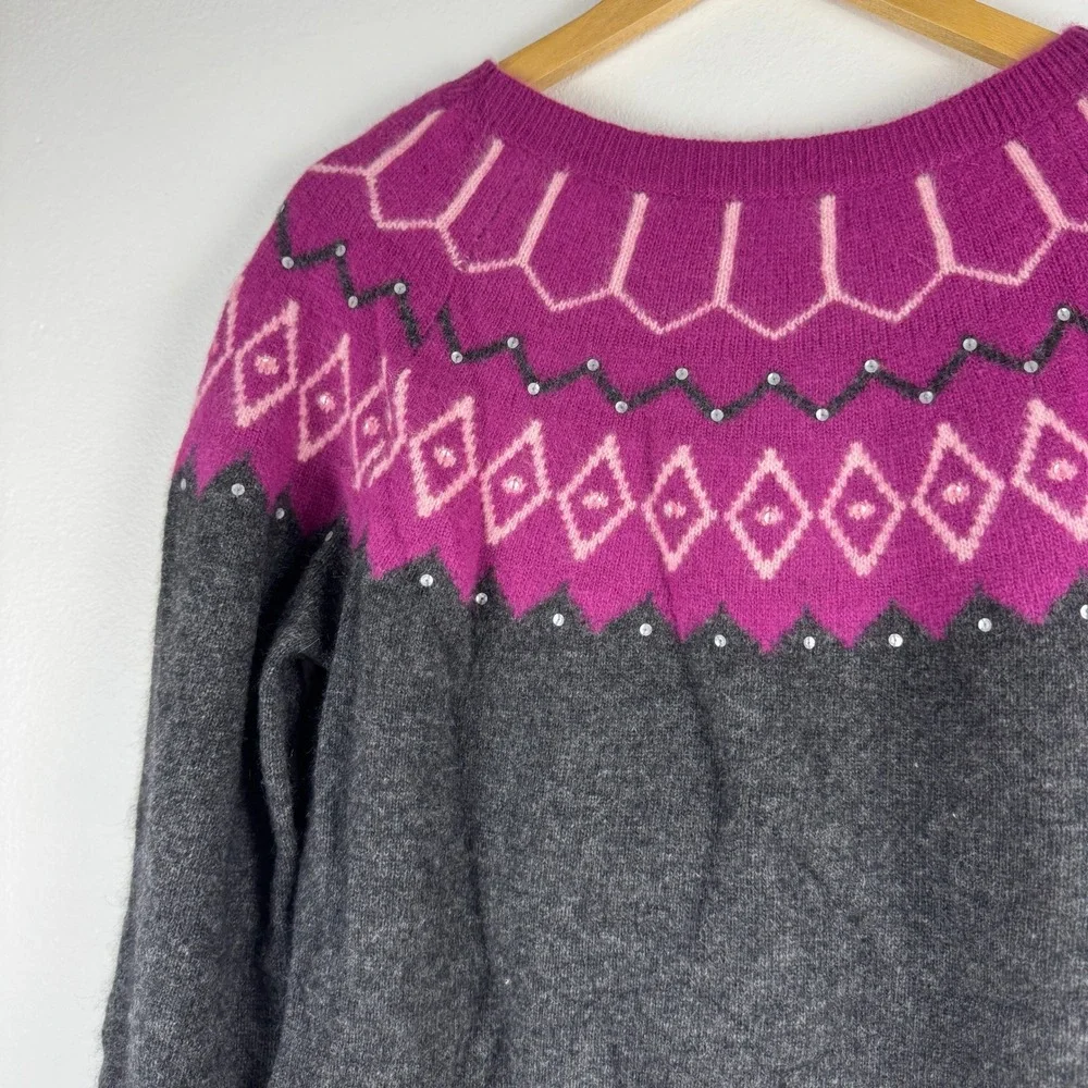 VTG! Context Wool Angora Blend Fair Isle Sequin Sweater Magenta Charcoal Gray XL
